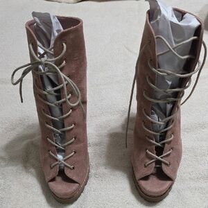 Liliana Pink Lace-Up Peep Toe Boots